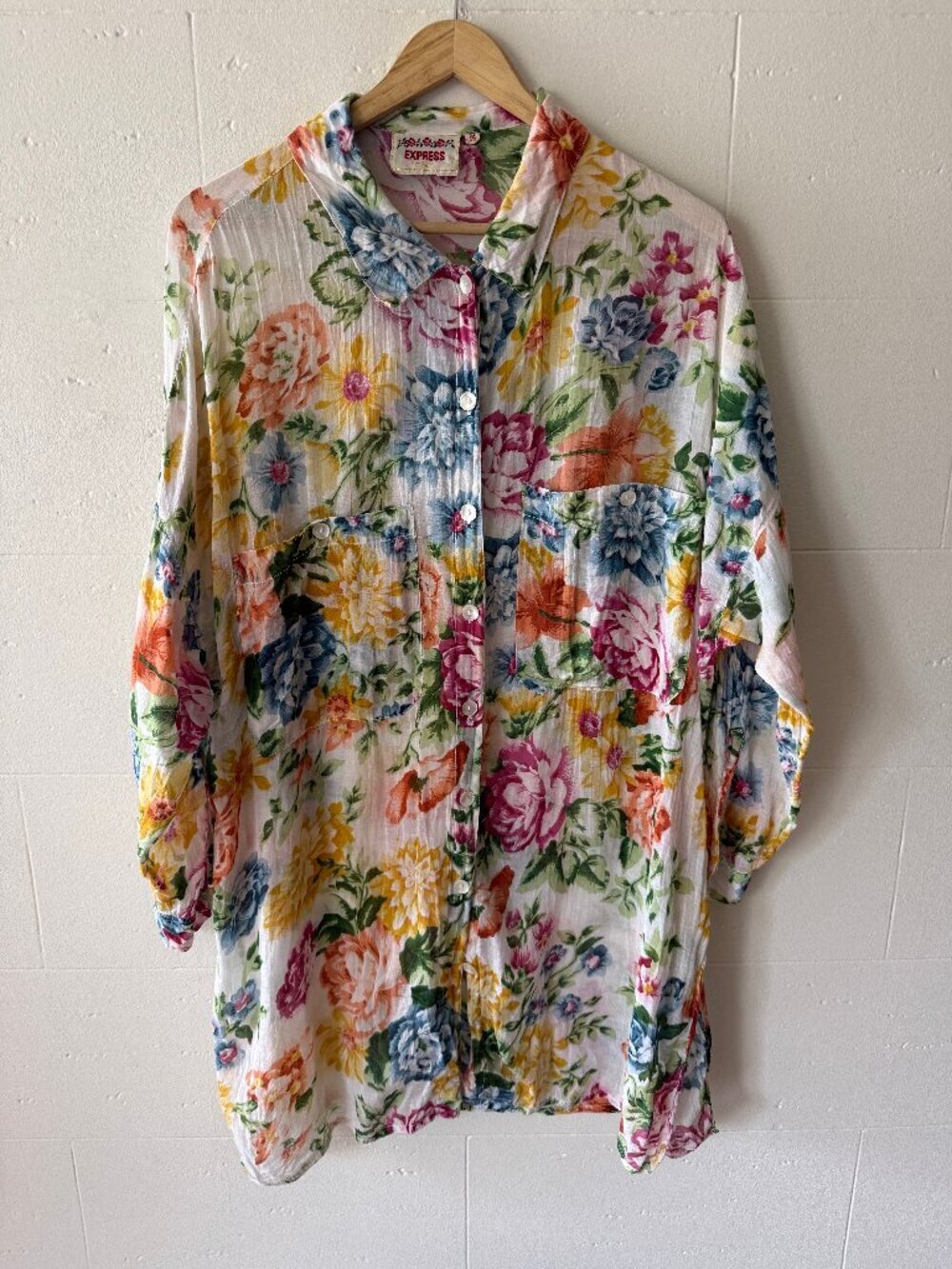 Y2K Express | Floral Oversized Longline Flowy Button Down Coverup | Medium